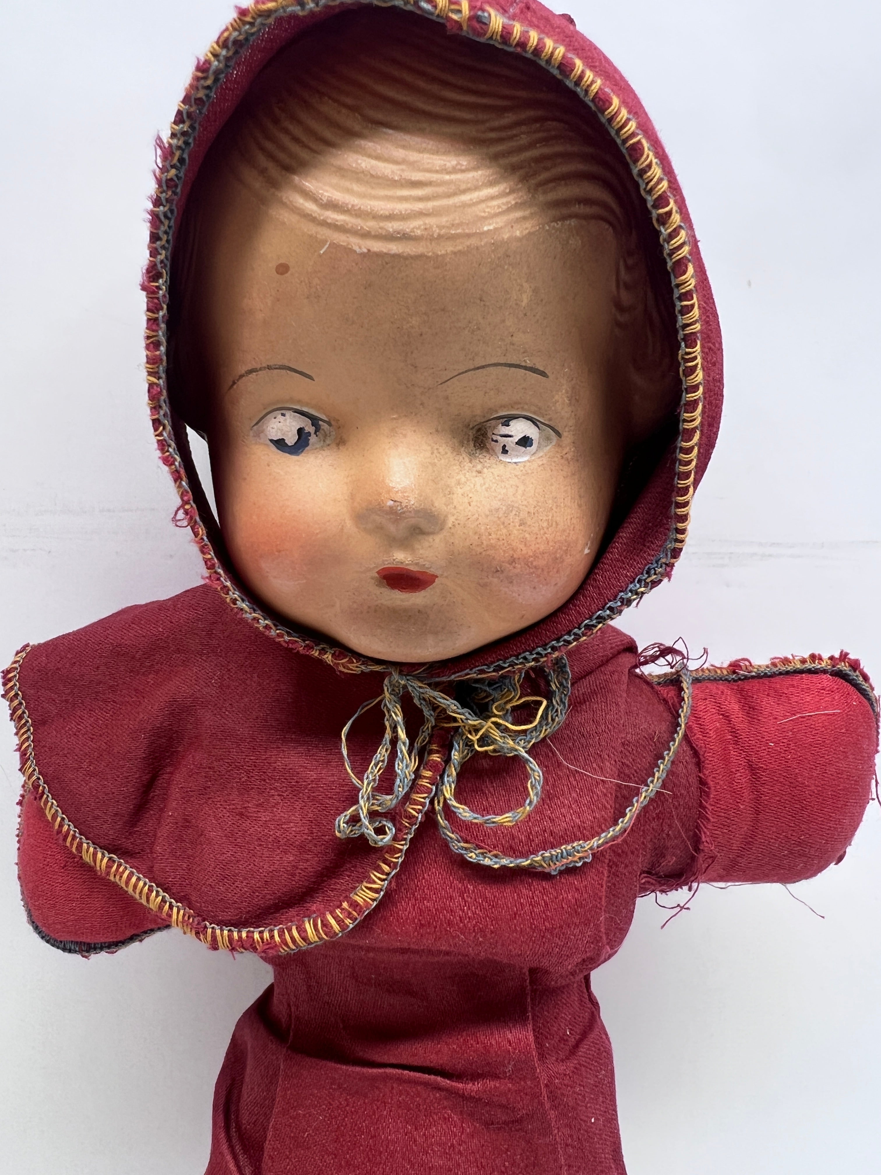 Mid-Century Mask-Face Doll - Hooded Red Outfit - 1940s/50s