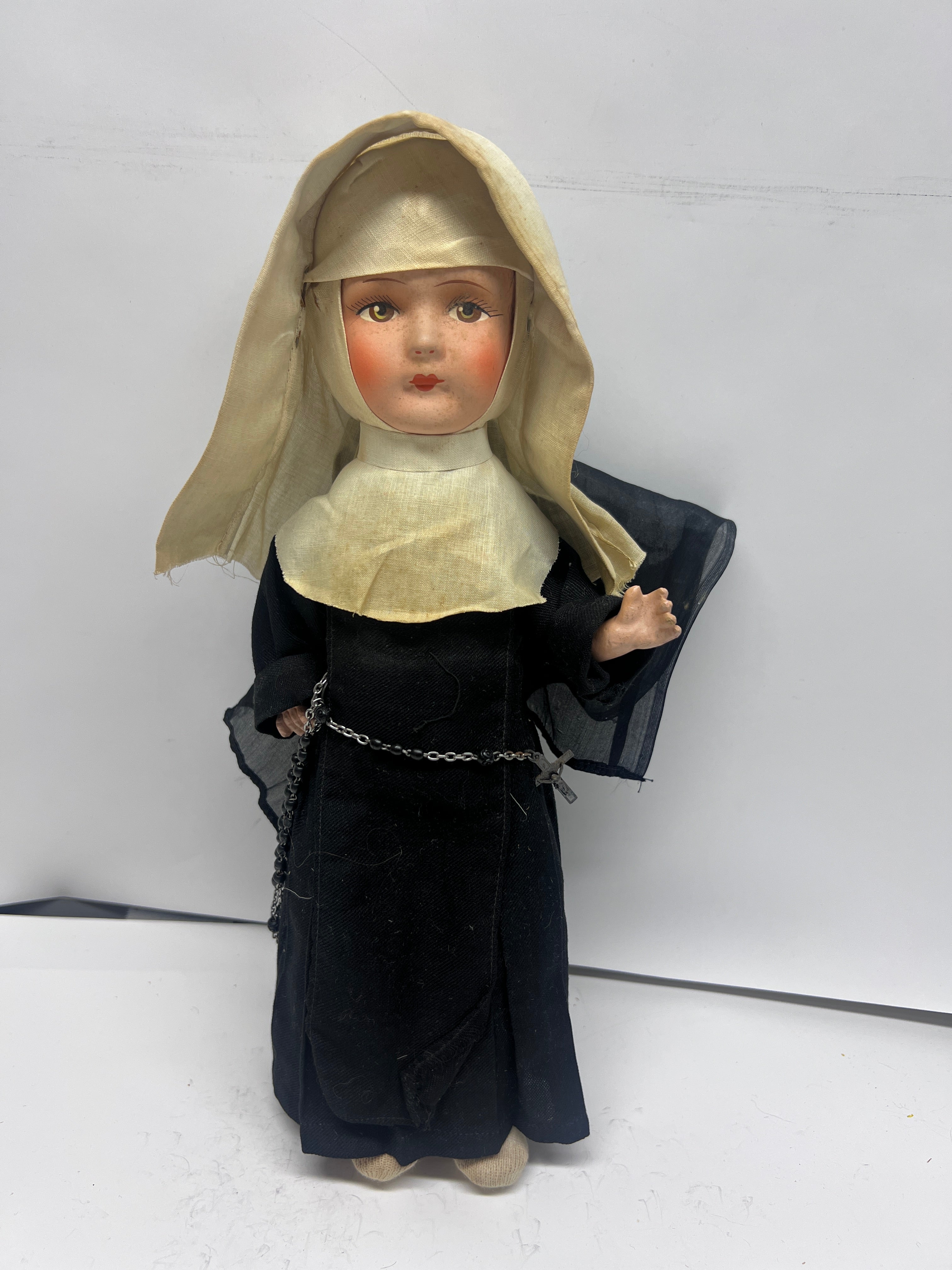 1940s Composition Nun Doll - Hand-Painted with Rosary & Crucifix