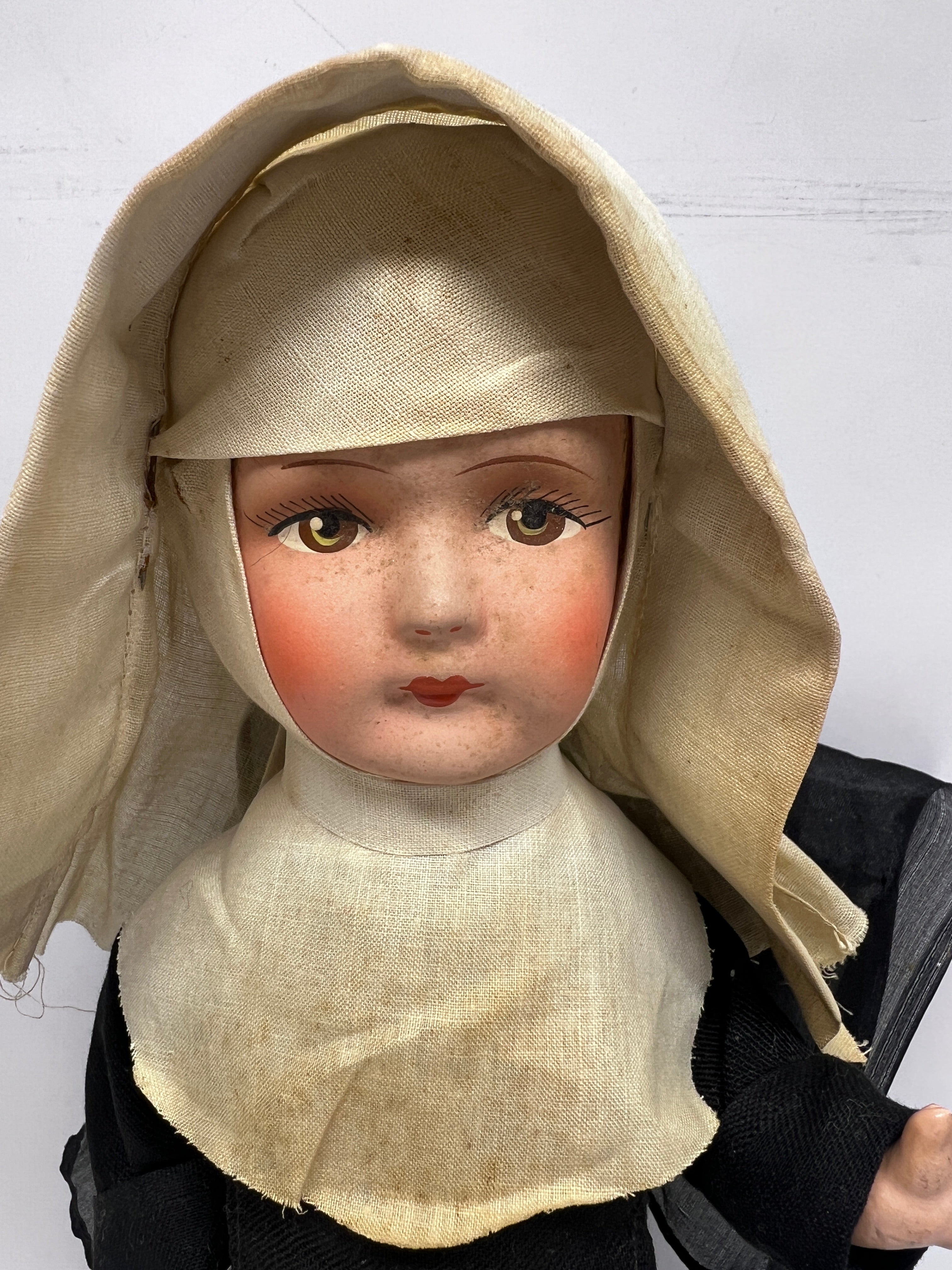 1940s Composition Nun Doll - Hand-Painted with Rosary & Crucifix