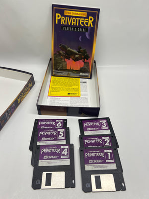 Vintage 'Privateer' computer game box with floppy disks on a white background