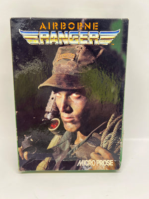 Vintage 'Airborne Ranger' video game box with a soldier's face on the cover, featuring the Micro Prose logo.
