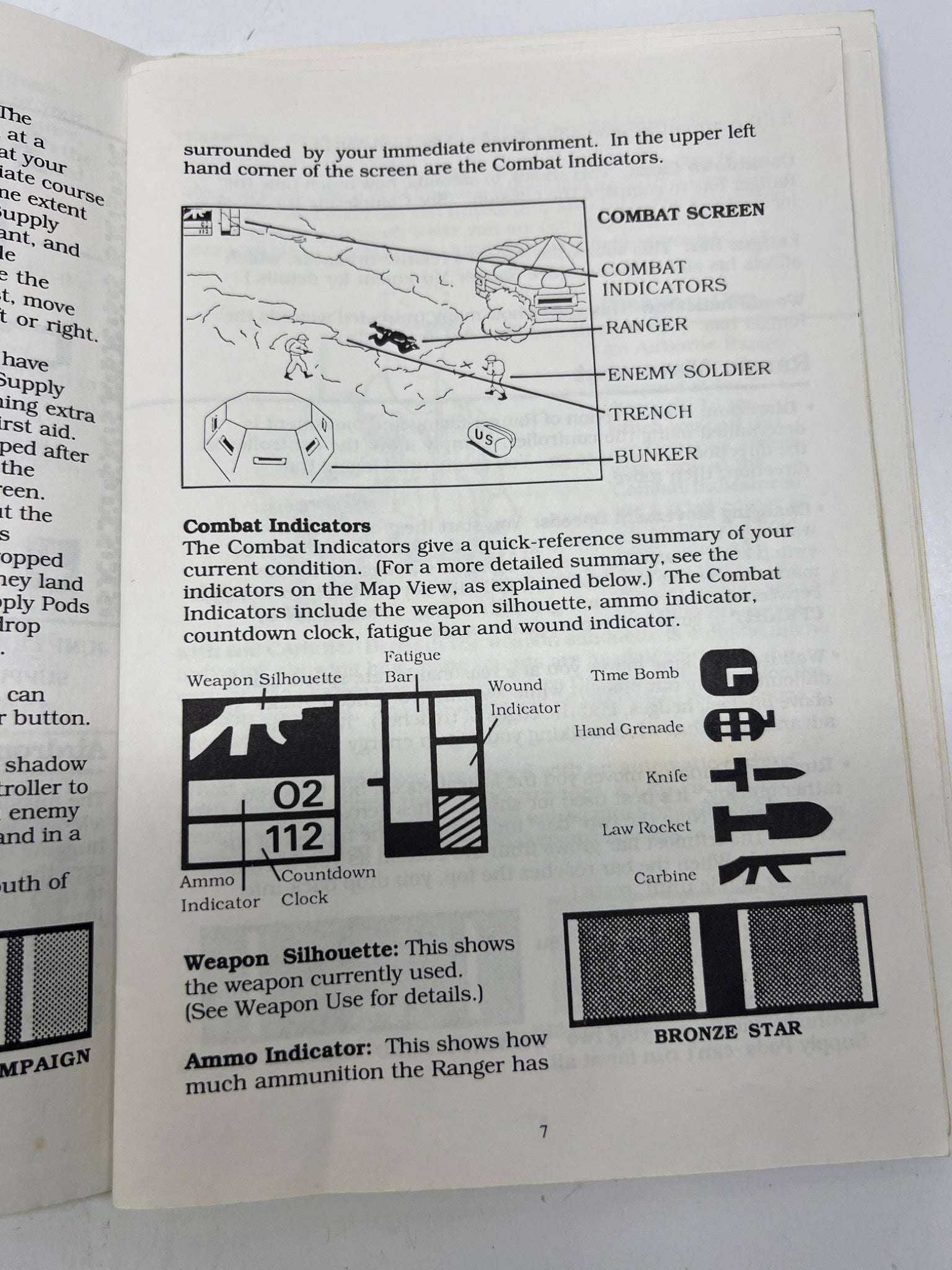 Page from a manual or book with text and diagrams on combat indicators and screens.