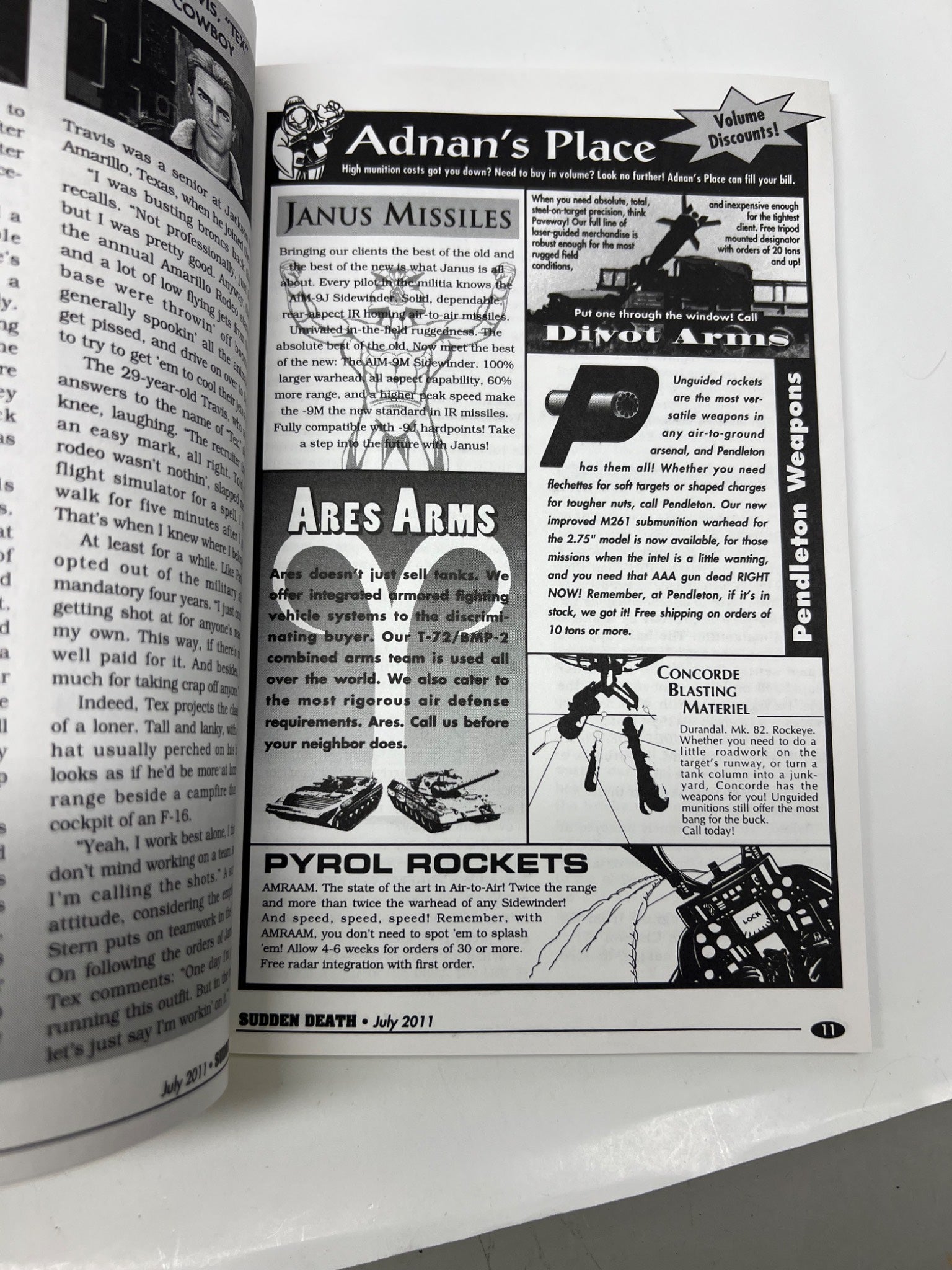 Open magazine with advertisements and text on a white background