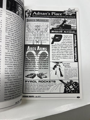 Open magazine with advertisements and text on a white background