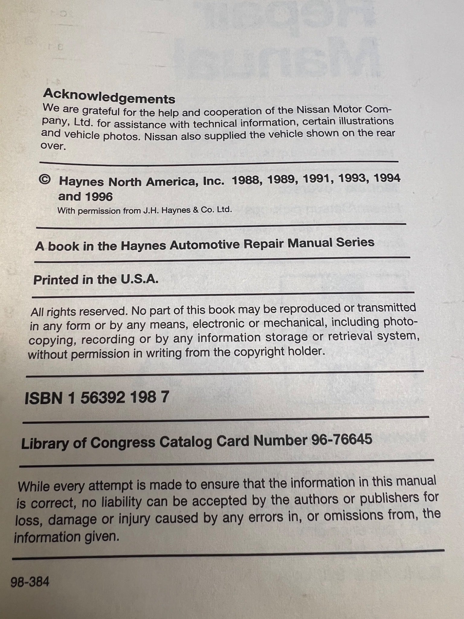 Automotive Repair Manual: 1980-1996 Nissan/Datsun