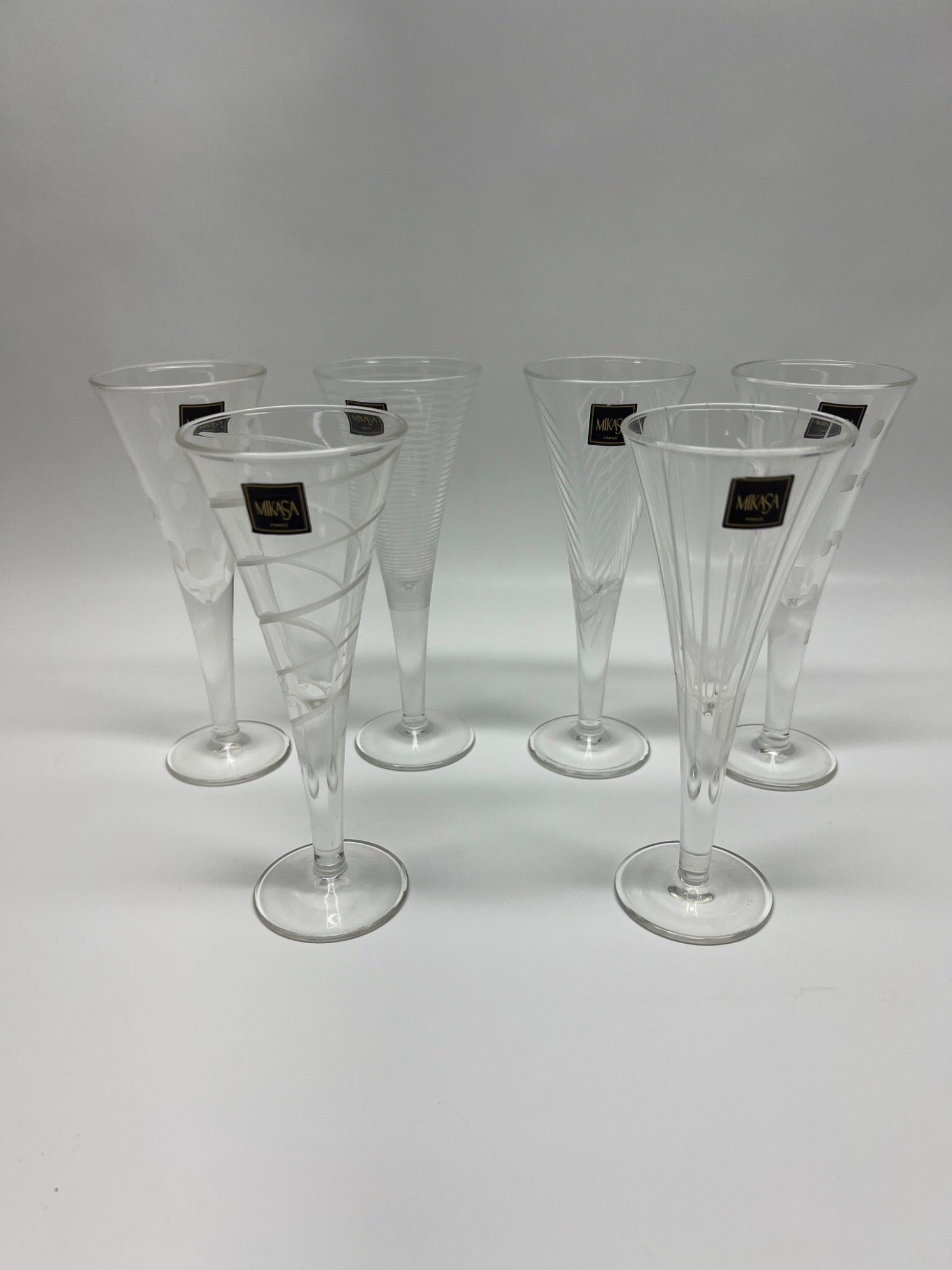 Set of 6 Mikasa French Crystal Champagne Flutes – Assorted Etched Designs
