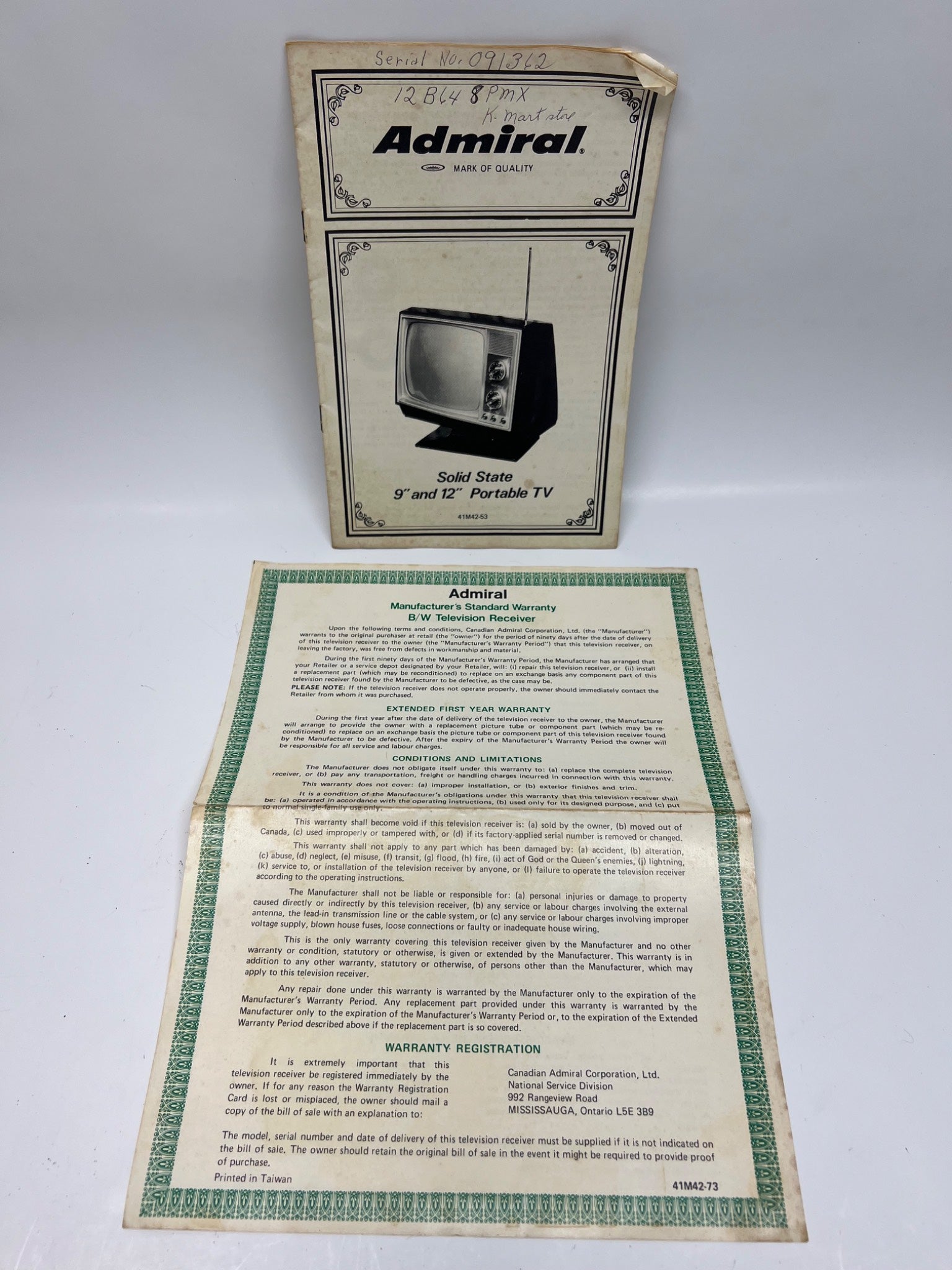 Vintage Admiral Solid State Portable TV Manual & Warranty