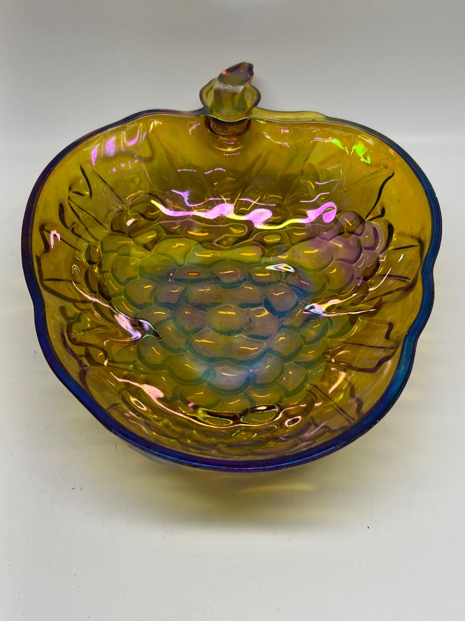 Vintage Iridescent Marigold Carnival Glass Apple Bowl – Grape Pattern